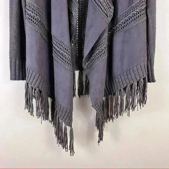 International Concepts Brown Faux Suede Knit Fringe Open Cardigan Size L - Picture 3 of 13